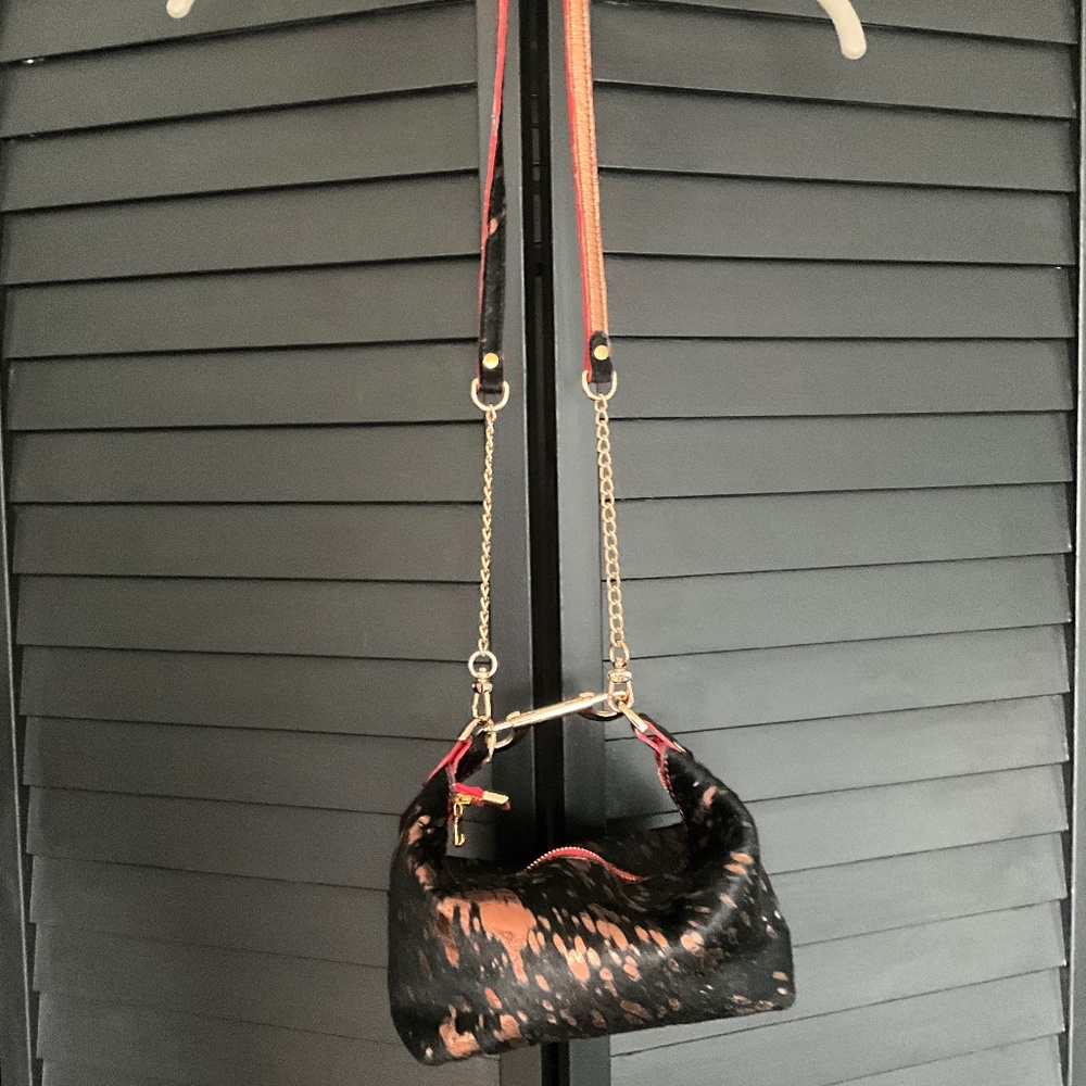 Leather/Calf Hair Black, Gold & Red bag. Made in NYC. NWOT.